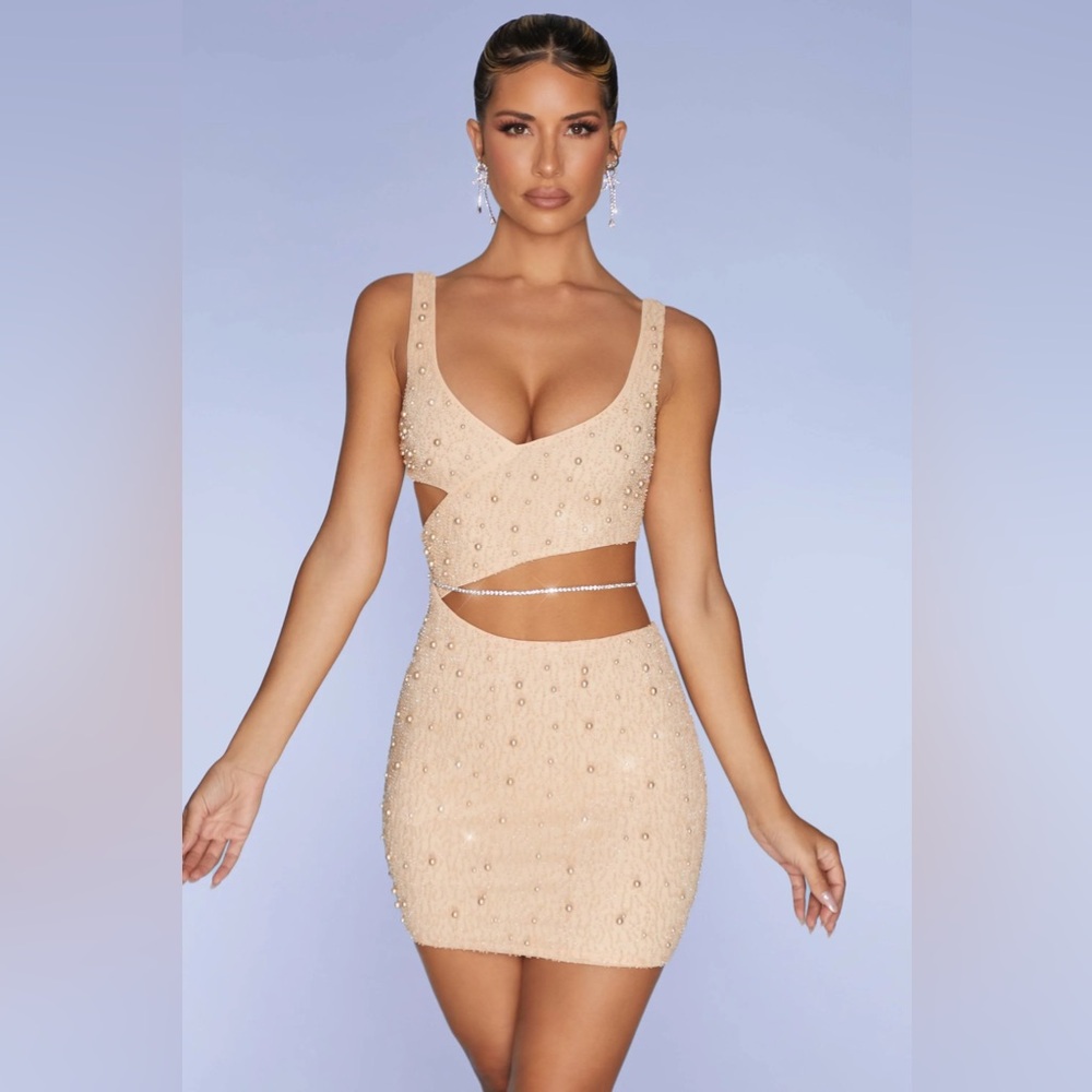 Oh Polly Embellished Cut Out Mini Dress blush pink size 8